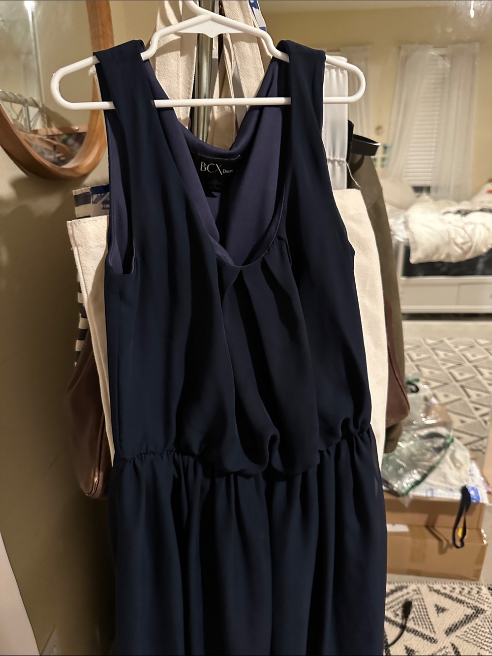 BCX Navy Sleeveless V-Neck Gathered Waist Dress
